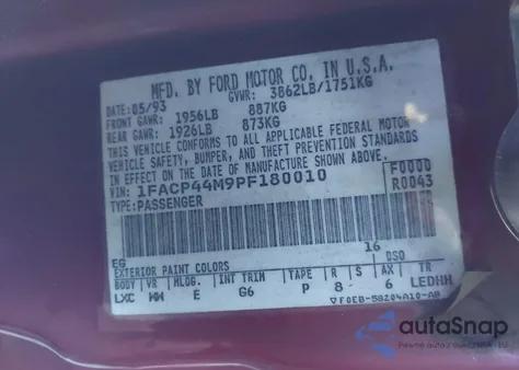 1993 Ford Mustang Lx from USA, damaged, VIN 1FACP44M9PF180010